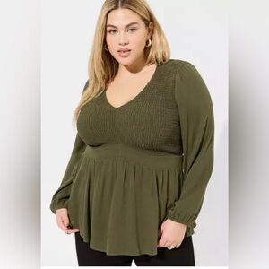 *** TORRID Babydoll  V Neck. Smocked Women's top in the colour Deep Depths